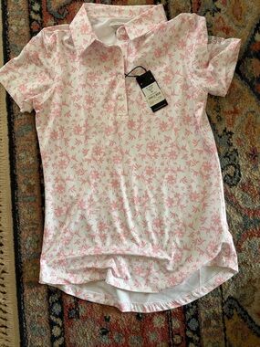 Women’s White Polo Blouse with Pink Floral Print - Short Sleeve